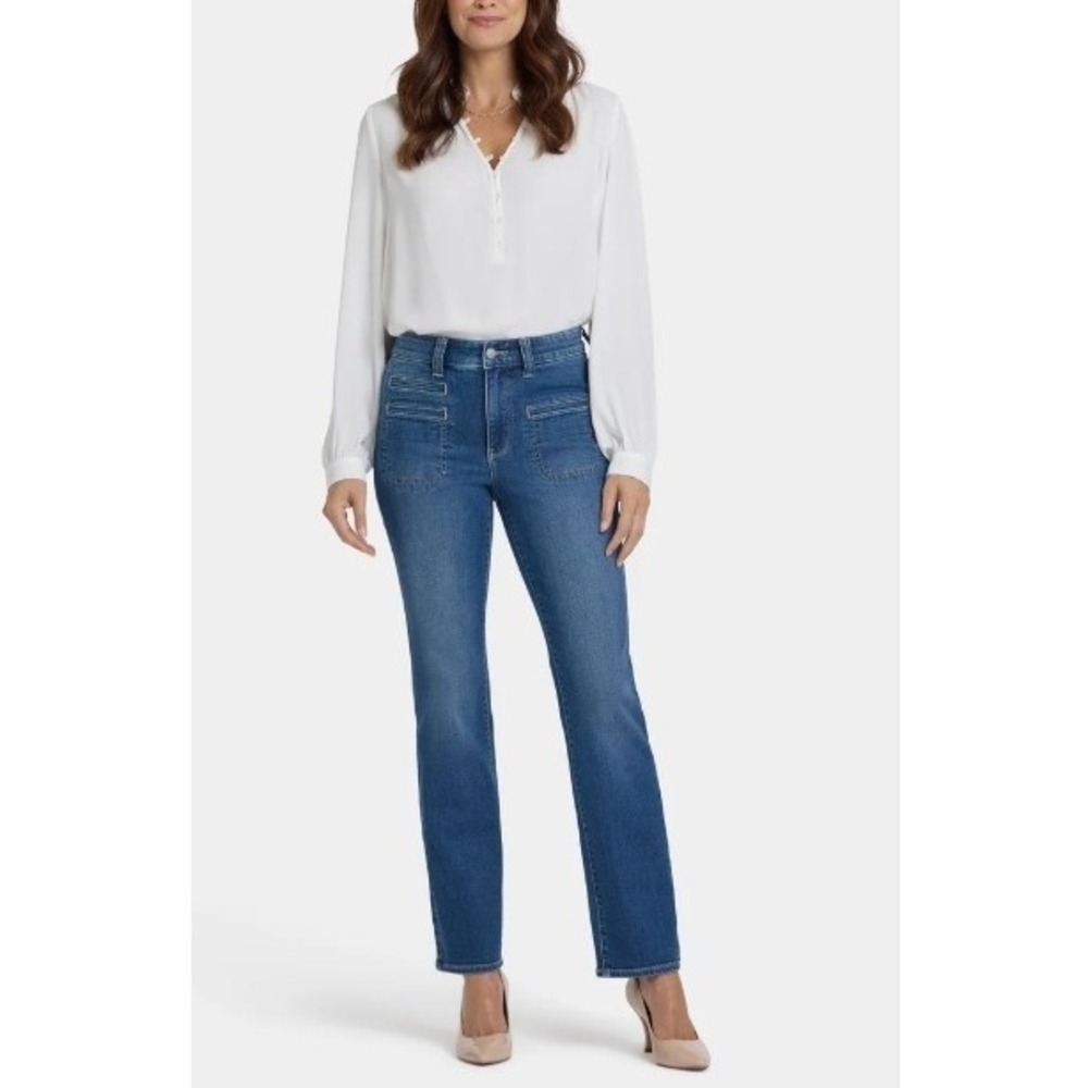 NYDJ Marilyn Straight Leg Patch Pocket Jeans Women 16 Blue Hi Rise Stretch Denim